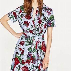 Zara Blue Gingham Midi Dress with Red & Green Floral Print